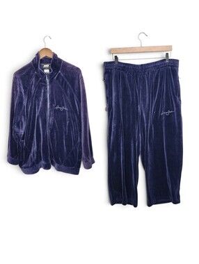 Sean Jean Y2K 90s Vintage Set Velour Cropped Pants and Jacket in Blue Size L